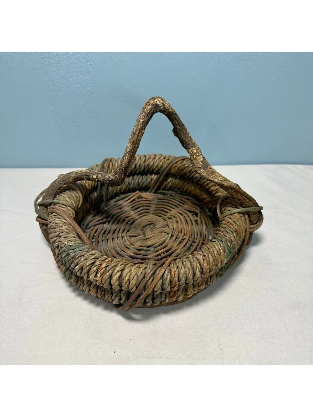 Vintage Rustic Twig Handle Woven Basket Boho Gathering Vine Handle Coil Wicker